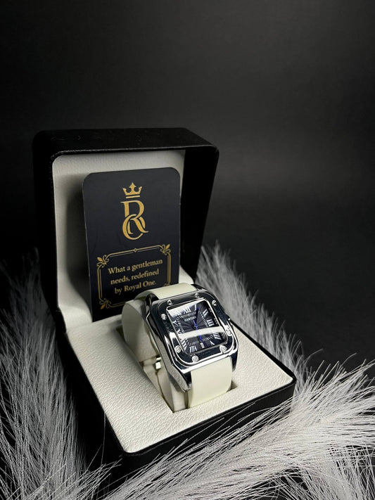 Cartier Santos – Black Dial with Blue Hands & White Rubber Strap