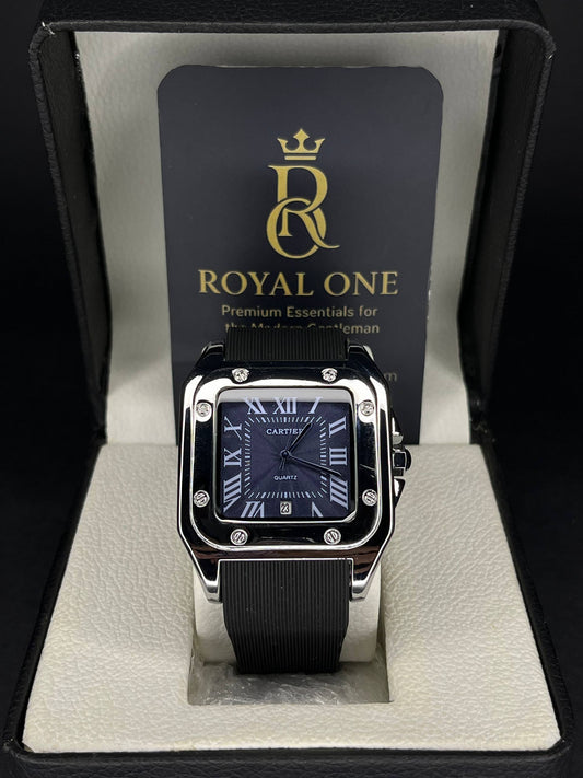 Model: Cartier Santos – Black Dial with Blue Hands_Black Rubber Strap