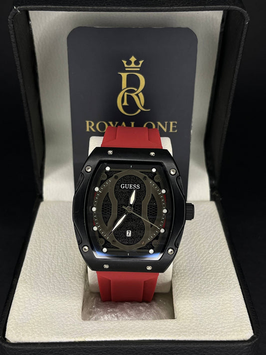 GUESS Tonneau Black Dial Red Silicone Strap