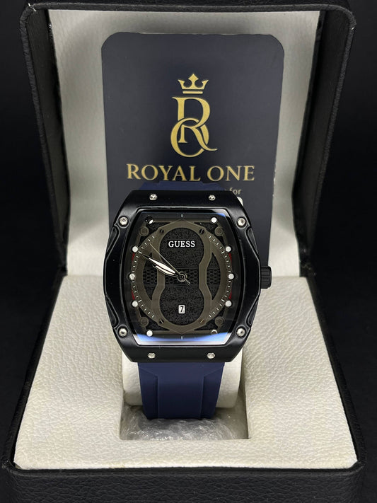GUESS Tonneau Black Dial Blue Silicone Strap